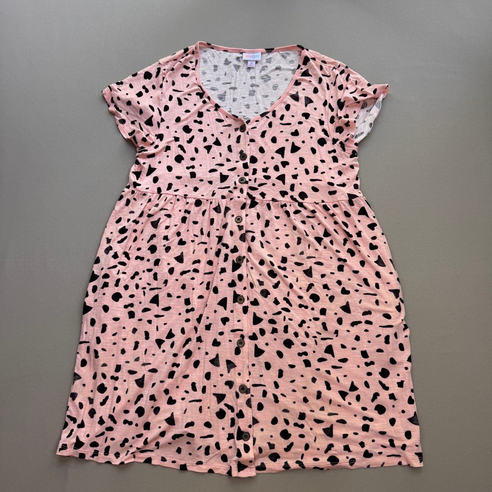 LuLaRoe Pink Black Geometric Print Button Front V-Neck Empire Waist Dress Medium